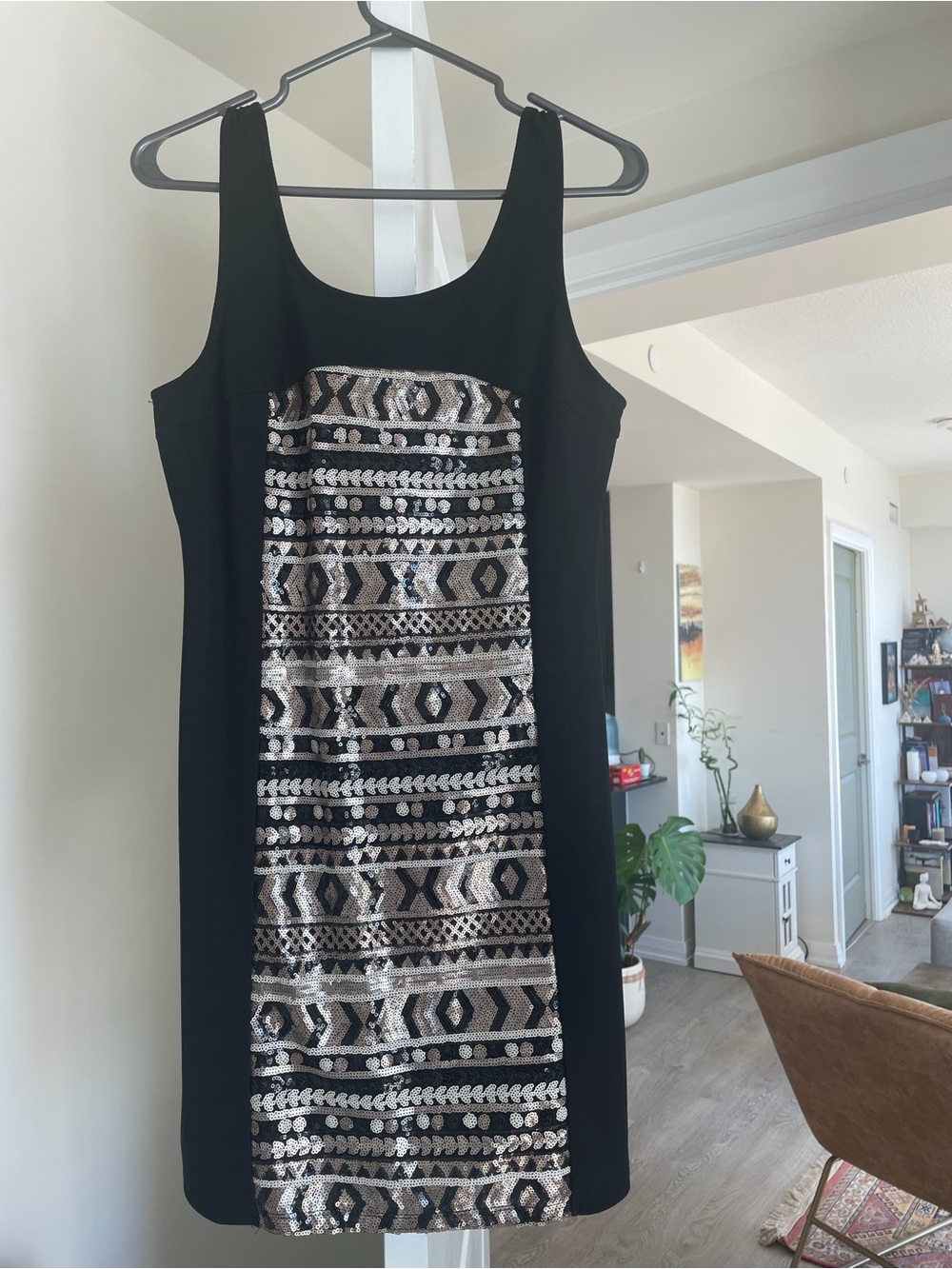 Double Zero Black Mini Dress with Silver Sequin Panel